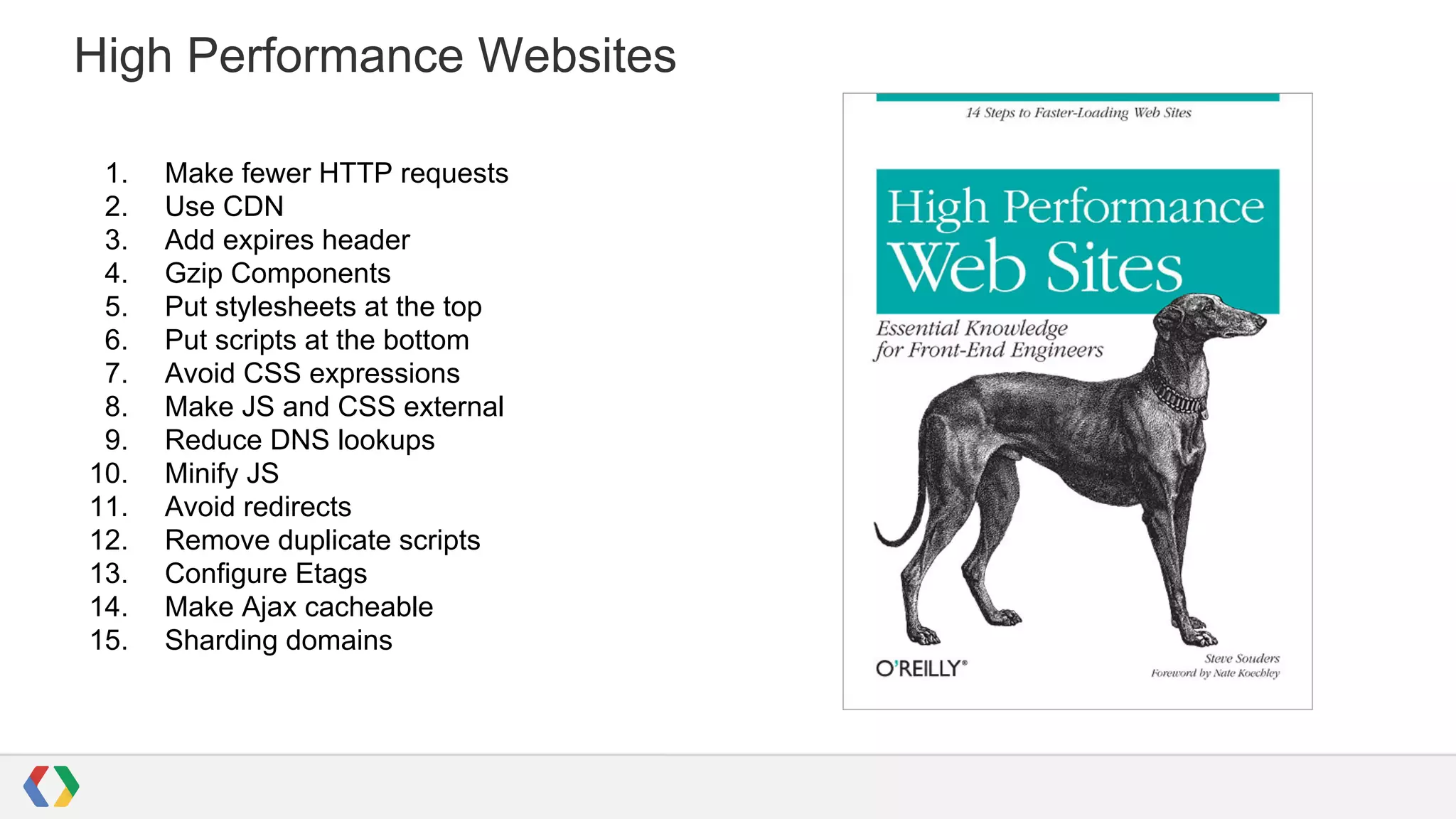 High Performance Websites
1.
2.
3.
4.
5.
6.
7.
8.
9.
10.
11.
12.
13.
14.
15.

Make fewer HTTP requests
Use CDN
Add expires header
Gzip Components
Put stylesheets at the top
Put scripts at the bottom
Avoid CSS expressions
Make JS and CSS external
Reduce DNS lookups
Minify JS
Avoid redirects
Remove duplicate scripts
Configure Etags
Make Ajax cacheable
Sharding domains

 