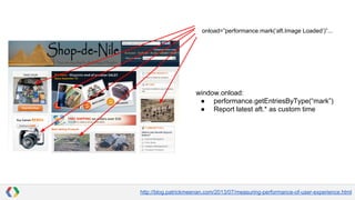 onload=”performance.mark(‘aft.Image Loaded’)”...

window.onload:
● performance.getEntriesByType(“mark”)
● Report latest aft.* as custom time

http://blog.patrickmeenan.com/2013/07/measuring-performance-of-user-experience.html

 