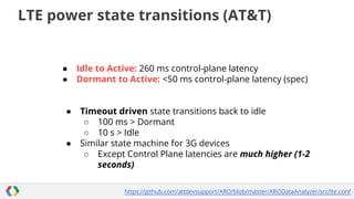 LTE power state transitions (AT&T)

●
●

●

●

Idle to Active: 260 ms control-plane latency
Dormant to Active: <50 ms control-plane latency (spec)

Timeout driven state transitions back to idle
○ 100 ms > Dormant
○ 10 s > Idle
Similar state machine for 3G devices
○ Except Control Plane latencies are much higher (1-2
seconds)
https://github.com/attdevsupport/ARO/blob/master/ARODataAnalyzer/src/lte.conf

 