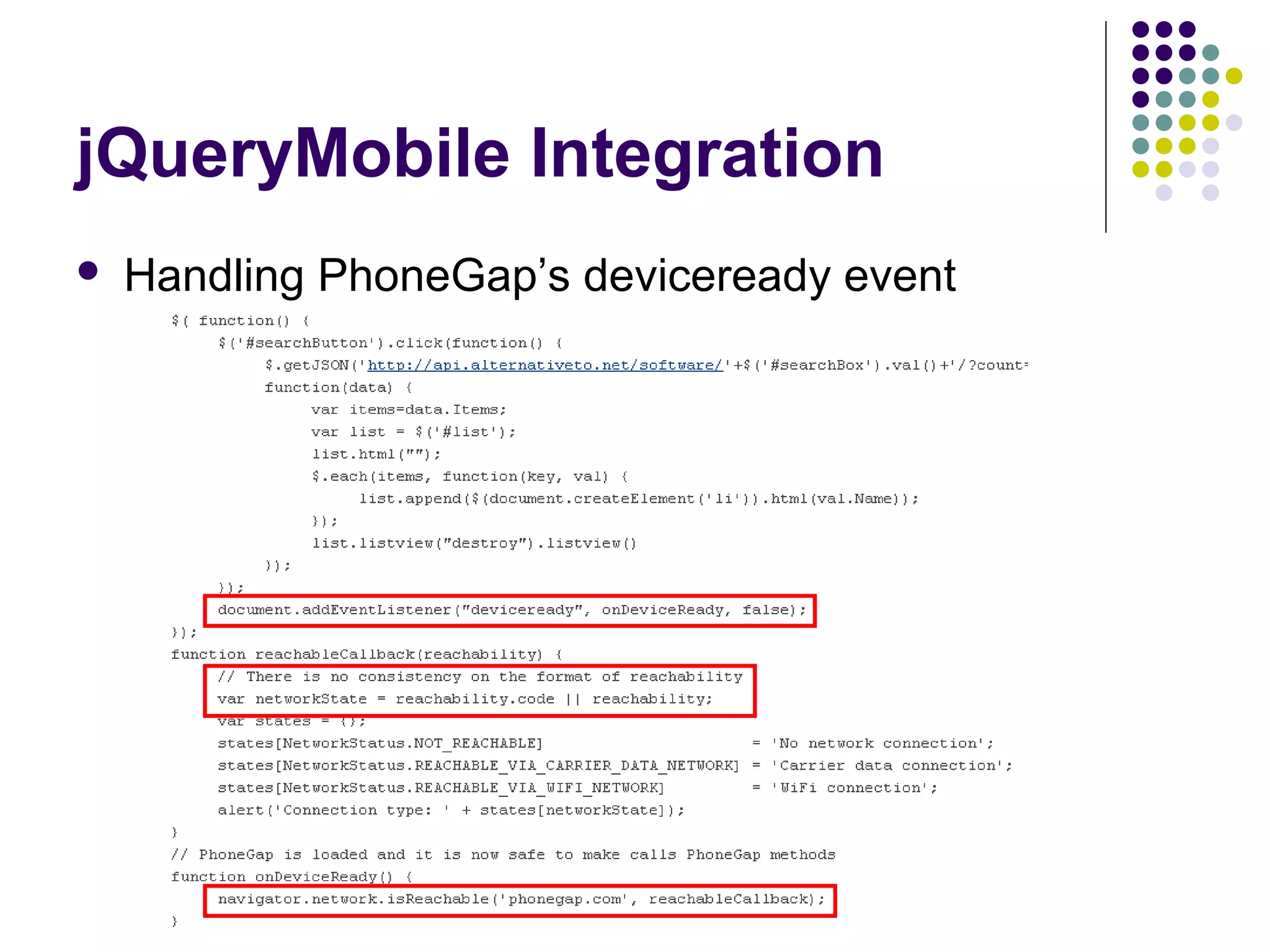 jQueryMobile Integration


Handling PhoneGap’s deviceready event

 