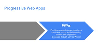 Progressive Web Apps
PWAs
Provides an app-like user experience
that is low friction and is built using
modern web capabilities
& enabled through Service Worker
 