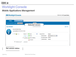 Worklight Console
Mobile Applications Management
Selected version
Set version status
9/30/2013 Mohammad Omer Raza
 