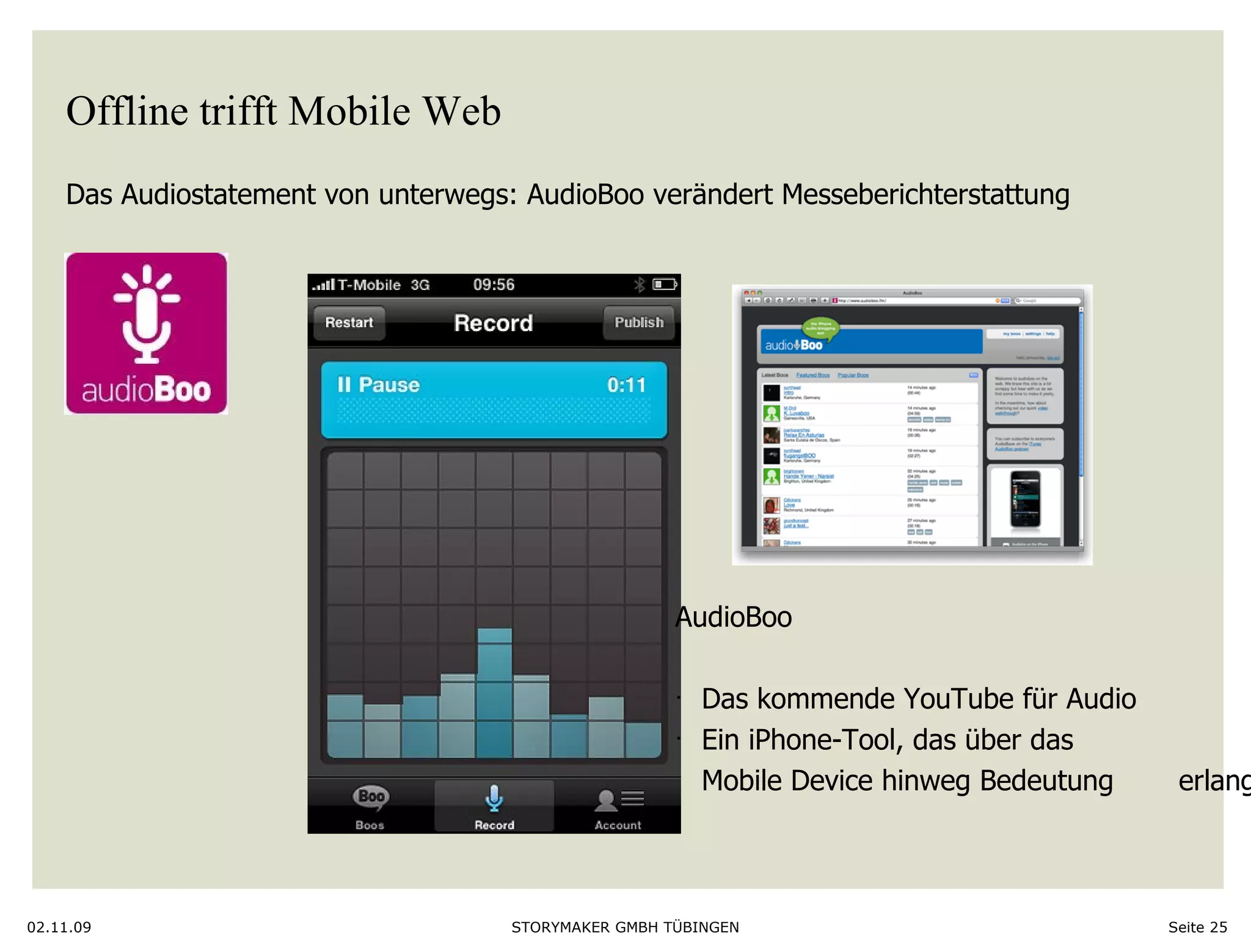 Offline trifft Mobile Web Das Audiostatement von unterwegs: AudioBoo verändert Messeberichterstattung 02.11.09 Seite  AudioBoo Das kommende YouTube für Audio Ein iPhone-Tool, das über das  Mobile Device hinweg Bedeutung erlangt 