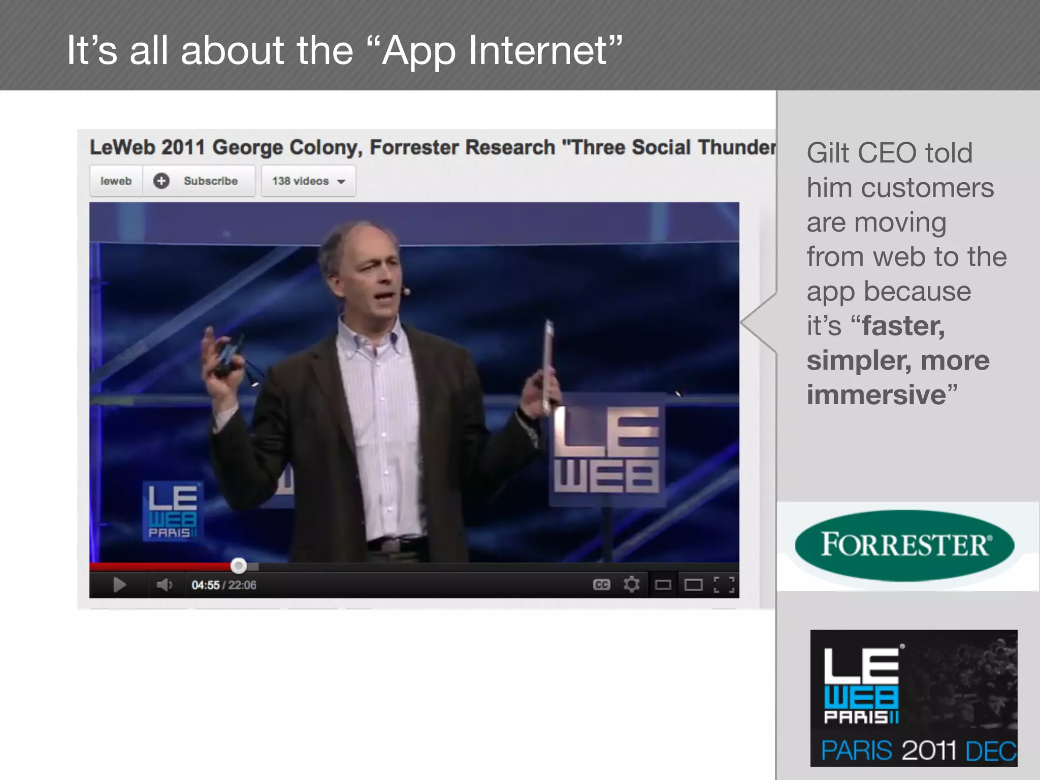 It’s all about the “App Internet”

                                    Gilt CEO told
                                    him customers
                                    are moving
                                    from web to the
                                    app because
                                    it’s “faster,
                                    simpler, more
                                    immersive”
 