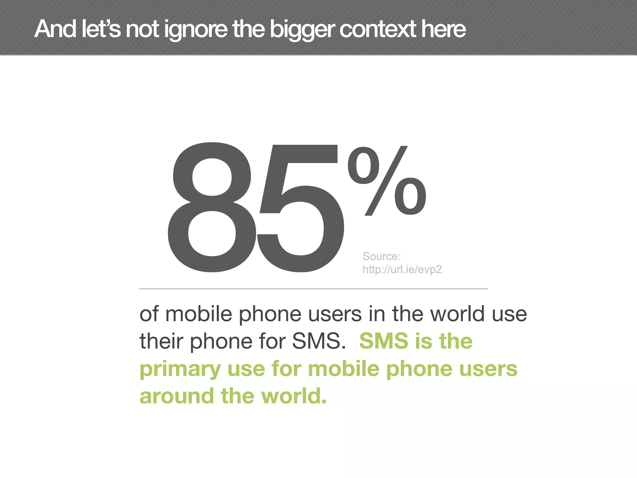 And let’s not ignore the bigger context here




             85                % Source:
                                 http://url.ie/evp2



          of mobile phone users in the world use
          their phone for SMS. SMS is the
          primary use for mobile phone users
          around the world.
 