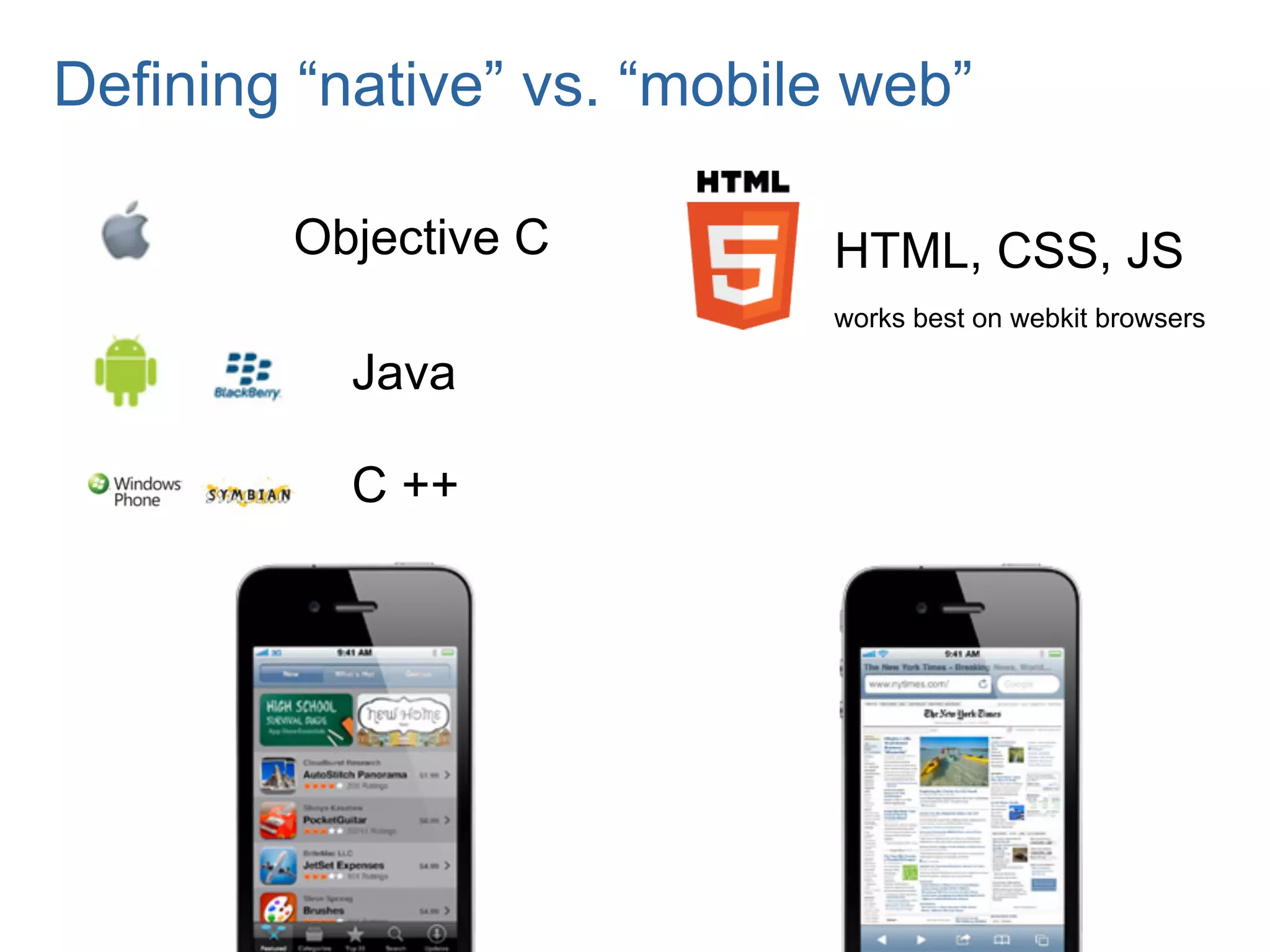 Defining “native” vs. “mobile web”

        Objective C         HTML, CSS, JS
                            works best on webkit browsers

           Java

           C ++
 