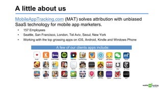 A little about us
MobileAppTracking.com (MAT) solves attribution with unbiased
SaaS technology for mobile app marketers.
•  157 Employees
•  Seattle, San Francisco, London, Tel Aviv, Seoul, New York
•  Working with the top grossing apps on iOS, Android, Kindle and Windows Phone
A few of our clients apps include:
 