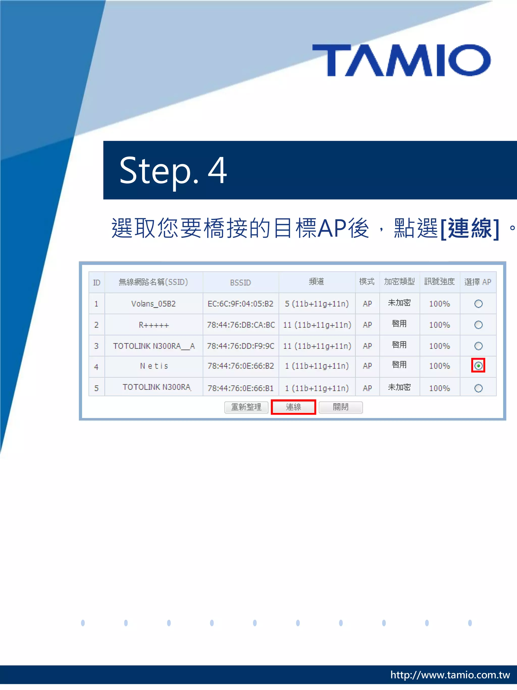 Step. 4
選取您要橋接的目標AP後，點選[連線]。




             http://www.tamio.com.tw
 