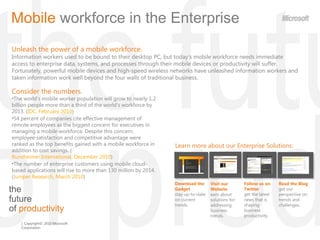 the  future  of  productivity Mobile  workforce   in the Enterprise  Unleash the power of a mobile workforce.  Information workers used to be bound to their desktop PC, but today ’s mobile workforce needs immediate access to enterprise data, systems, and processes through their mobile devices or productivity will suffer. Fortunately, powerful mobile devices and high-speed wireless networks have unleashed information workers and taken information work well beyond the four walls of traditional business. ,[object Object],[object Object],[object Object],[object Object],Learn more about our Enterprise Solutions : Read the Blog  get our perspective on trends and challenges. Download the Gadget  stay up-to-date on current trends. Visit our Website  earn about solutions for addressing business trends. Follow us on Twitter  get the latest news that is shaping  business productivity. 