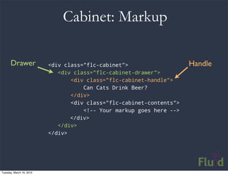 Cabinet: Markup

      Drawer              <div class=”flc-cabinet”>                   Handle
                            ...