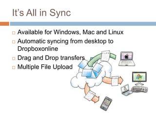 It’s All in SyncAvailable for Windows, Mac and LinuxAutomatic syncing from desktop to DropboxonlineDrag and Drop transfersMultiple File Upload