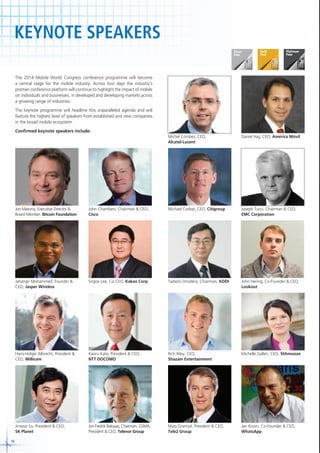 KEYNOTE SPEAKERS
The 2014 Mobile World Congress conference programme will become
a central stage for the mobile industry. Across four days the industry’s
premier conference platform will continue to highlight the impact of mobile
on individuals and businesses, in developed and developing markets across
a growing range of industries.
The keynote programme will headline this unparalleled agenda and will
feature the highest level of speakers from established and new companies
in the broad mobile ecosystem.
Confirmed keynote speakers include:
Michel Combes, CEO,
Alcatel-Lucent

Daniel Hajj, CEO, América Móvil

Jon Matonis, Executive Director &
Board Member, Bitcoin Foundation

Michael Corbat, CEO, Citigroup

Joseph Tucci, Chairman & CEO,
EMC Corporation

Jahangir Mohammed, Founder &
CEO, Jasper Wireless

Sirgoo Lee, Co-CEO, Kakao Corp.

Tadashi Onodera, Chairman, KDDI

John Hering, Co-Founder & CEO,
Lookout

Hans-Holger Albrecht, President &
CEO, Millicom

Kaoru Kato, President & CEO,
NTT DOCOMO

Rich Riley, CEO,
Shazam Entertainment

Michelle Gallen, CEO, Shhmooze

Jinwoo So, President & CEO,
SK Planet
10

John Chambers, Chairman & CEO,
Cisco

Jon Fredrik Baksaas, Chairman, GSMA,
President & CEO, Telenor Group

Mats Granryd, President & CEO,
Tele2 Group

Jan Koum, Co-Founder & CEO,
WhatsApp

 