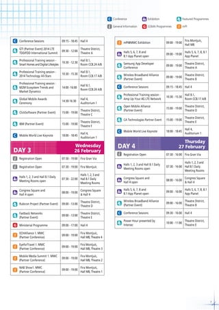 C Conference
General Information

C Conference Sessions

09:15 - 18:45 Hall 4

GTI (Partner Event) 2014 LTE
TDD/FDD International Summit

09:30 - 12:00

Theatre District,
Theatre A

Professional Training session Smart Homes and Digital Lifestyles

10:30 - 12:30

Hall 8.1,
Room CC8.24 A/B

Professional Training session 2014 Technology All-Stars

10:30 - 15:30

Hall 8.1,
Room CC8.17 A/B

Professional Training session M2M Ecosystem Trends and
Market Dynamics

14:00 -16:00

Hall 8.1,
Room CC8.24 A/B

Global Mobile Awards
Ceremony

14:30-16:30

Hall 4,
Auditorium 1

ClickSoftware (Partner Event)

Theatre District,
15:00 - 19:00
Theatre C

IBM (Partner Event)

Theatre District,
15:00 - 19:00
Theatre F

C Mobile World Live Keynote

DAY 3

Hall 4,
18:00 - 18:45
Auditorium 1

Wednesday
26 February

Exhibition

Featured Programmes

GSMA Programmes

mPI

mPI@MWC Exhibition

09:00 - 19:00

Fira Montjuïc,
Hall M8

Halls 5, 6, 7, 8 and
8.1 App Planet open

09:00 - 19:00

Halls 5, 6, 7, 8, 8.1
App Planet

Samsung App Developer
Conference

09:00 - 19:00

Theatre District,
Theatre A

Wireless Broadband Alliance
(Partner Event)

09:00 - 19:00

Theatre District,
Theatre B

C Conference Sessions

09:15 - 18:45 Hall 4

Professional Training session Amp Up Your 4G LTE Network

10:30 - 15:30

Hall 8.1,
Room CC8.17 A/B

Open Mobile Alliance
(Partner Event)

15:00 - 19:00

Theatre District,
Theatre D

CA Technologies Partner Event

15:00 - 19:00

Theatre District,
Theatre E

18:00 - 18:45

Hall 4,
Auditorium 1

C Mobile World Live Keynote

DAY 4

Thursday
27 February

Registration Open

07:30 - 16:00 Fira Gran Via

07:30 - 19:00 Fira Montjuïc

Halls 1, 2, 3 and Hall 8.1 Daily
Meeting Rooms open

Halls 1, 2, 3 and
07:30 - 16:00 Hall 8.1 Daily
Meeting Rooms

Halls 1, 2, 3 and Hall 8.1 Daily
Meeting Rooms open

Halls 1, 2, 3 and
07:30 - 22:00 Hall 8.1 Daily
Meeting Rooms

Congress Square and
Hall 4 open

08:00 - 16:00

Congress Square
& Hall 4

Congress Square and
Hall 4 open

08:00 - 19:00

Congress Square
& Hall 4

Halls 5, 6, 7, 8 and
8.1 App Planet open

09:00 - 16:00

Halls 5, 6, 7, 8, 8.1
App Planet

Rubicon Project (Partner Event)

09:00 - 13:00

Theatre District,
Theatre D

Wireless Broadband Alliance
(Partner Event)

09:00 - 16:00

Theatre District,
Theatre B

Fastback Networks
(Partner Event)

09:00 - 13:00

Theatre District,
Theatre E

Ministerial Programme

09:00 - 17:00 Hall 4

ECHAlliance 1. MWC
(Partner Conference)

09:00 - 19:00

Fira Montjuïc,
Hall M8, Theatre 4

EyeforTravel 1. MWC
(Partner Conference)

09:00 - 19:00

Fira Montjuïc,
Hall M8, Theatre 3

Mobile Media Summit 1. MWC
(Partner Conference)

09:00 - 19:00

Fira Montjuïc,
Hall M8, Theatre 2

NAB Show1. MWC
(Partner Conference)

09:00 - 19:00

Fira Montjuïc,
Hall M8, Theatre 1

Registration Open

07:30 - 19:00 Fira Gran Via

Registration Open

C Conference Sessions
Power Hour presented by
Intersec

09:30 - 16:00 Hall 4
10:00 - 11:00

Theatre District,
Theatre E

7

 