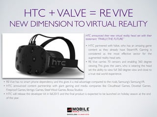 HTC +VALVE = REVIVE
NEW DIMENSIONTOVIRTUAL REALITY
HTC announced their new virtual reality head set with their
statement “FINALLY,THE FUTURE”
• HTC partnered with Valve, who has an amazing game
content as they already have SteamVR. Gaming is
considered as the most effective sector for the
augmented reality head sets.
• RE Vive carries 70 censors and enabling 360 degree
viewing. This gives the users, who is wearing the head
set the ability to view full 360 degree view and close to
a true real world experience.
• REVive has no smart phone dependency and this gives it a real advantage compared to the rivals, Samsung’s SamsungVR.
• HTC announced content partnership with giant gaming and media companies like Cloudhead Games, Dovetail Games,
Fireproof Games,Vertigo Games, Steel Wool Games, Bossa Studios
• HTC will release the developer kit in fall,2015 and the ﬁnal product is expected to be launched on holiday season at the end
of the year.
 