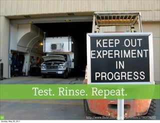 Test. Rinse. Repeat.

50                                http://www.flickr.com/photos/jurvetson/2798315677/
Sunday, May 29, 2011
 