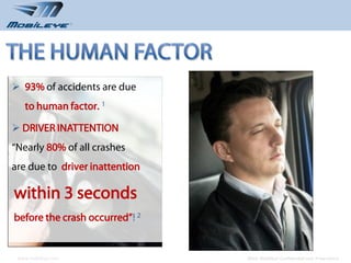 93% of accidents are due
   to human factor. 1

 DRIVER INATTENTION
“Nearly 80% of all crashes
are due to driver inattention

within 3 seconds
before the crash occurred”! 2


 www.mobileye.com               © 2010, Mobileye Confidential and Proprietary
 