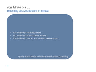 Von Afrika bis …
Bedeutung des Mobiltelefons in Europa




     476 Millionen Internetnutzer
     132 Millionen Smartphone Nutzer
     350 Millionen Nutzer von sozialen Netzwerken




          Quelle: Social Media around the world. InSites Consulting



11
 