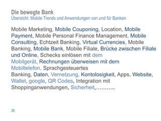 Die bewegte Bank
Übersicht: Mobile Trends und Anwendungen von und für Banken

Mobile Marketing, Mobile Couponing, Location, Mobile
Payment, Mobile Personal Finance Management, Mobile
Consulting, Echtzeit Banking, Virtual Currencies, Mobile
Banking, Mobile Bank, Mobile Filiale, Brücke zwischen Filiale
und Online, Schecks einlösen mit dem
Mobilgerät, Rechnungen überweisen mit dem
Mobiltelefon, Sprachgesteuertes
Banking, Daten, Vernetzung, Kontolosigkeit, Apps, Website,
Wallet, google, QR Codes, Integration mit
Shoppinganwendungen, Sicherheit,………..



25
 