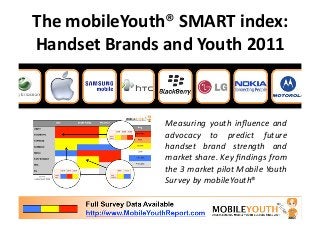 The mobileYouth® SMART index:  
Handset Brands and Youth 2011 



               Measuring  youth  inﬂuence  and 
               advocacy  to  predict  future 
               handset  brand  strength  and 
               market share. Key ﬁndings from 
               the 3 market pilot Mobile Youth 
               Survey by mobileYouth® 
 