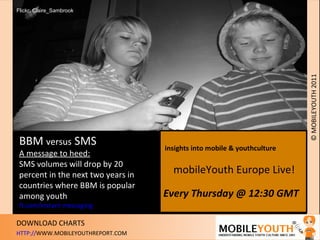 BBM  versus  SMS A message to heed: SMS volumes will drop by 20  percent in the next two years in countries where BBM is popular among youth ft.com/instant messaging insights into mobile & youthculture mobileYouth Europe Live! Every Thursday @ 12:30 GMT  Flickr: Claire_Sambrook 