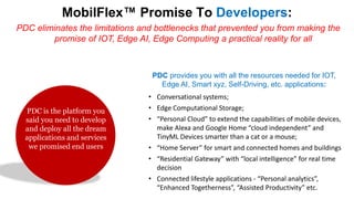MobilFlex Promise To Developers:
PDC eliminates the limitations and bottlenecks that prevented you from making the
promise of IOT, Edge AI, Edge Computing a practical reality for all
PDC is the platform you
said you need to develop
and deploy all the dream
applications and services
we promised end users
• Conversational systems;
• Edge Computational Storage;
• “Personal Cloud” to extend the capabilities of mobile devices,
make Alexa and Google Home “cloud independent” and
TinyML Devices smarter than a cat or a mouse;
• “Home Server” for smart and connected homes and buildings
• “Residential Gateway” with “local intelligence” for real time
decision
• Connected lifestyle applications - “Personal analytics”,
“Enhanced Togetherness”, “Assisted Productivity” etc.
PDC provides you with all the resources needed for IOT,
Edge AI, Smart xyz, Self-Driving, etc. applications:
 