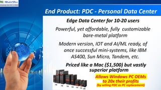 End Product: PDC - Personal Data Center
Edge Data Center for 10-20 users
Powerful, yet affordable, fully customizable
bare-metal platform
Modern version, IOT and AI/ML ready, of
once successful mini-systems, like IBM
AS400, Sun Micro, Tandem, etc.
Priced like a Mac ($1,500) but vastly
superior platform
Allows Windows PC OEMs
to 20x their profits
(by selling PDC as PC replacement)
 
