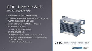 21
▪ Weltweite LTE / 5G Unterstützung
▪ 1 x WLAN 3x3 MIMO Dual Band 802.11b/g/n mit
WLAN- Roaming (RT-630(-5G))
▪ 2 x Gbit...