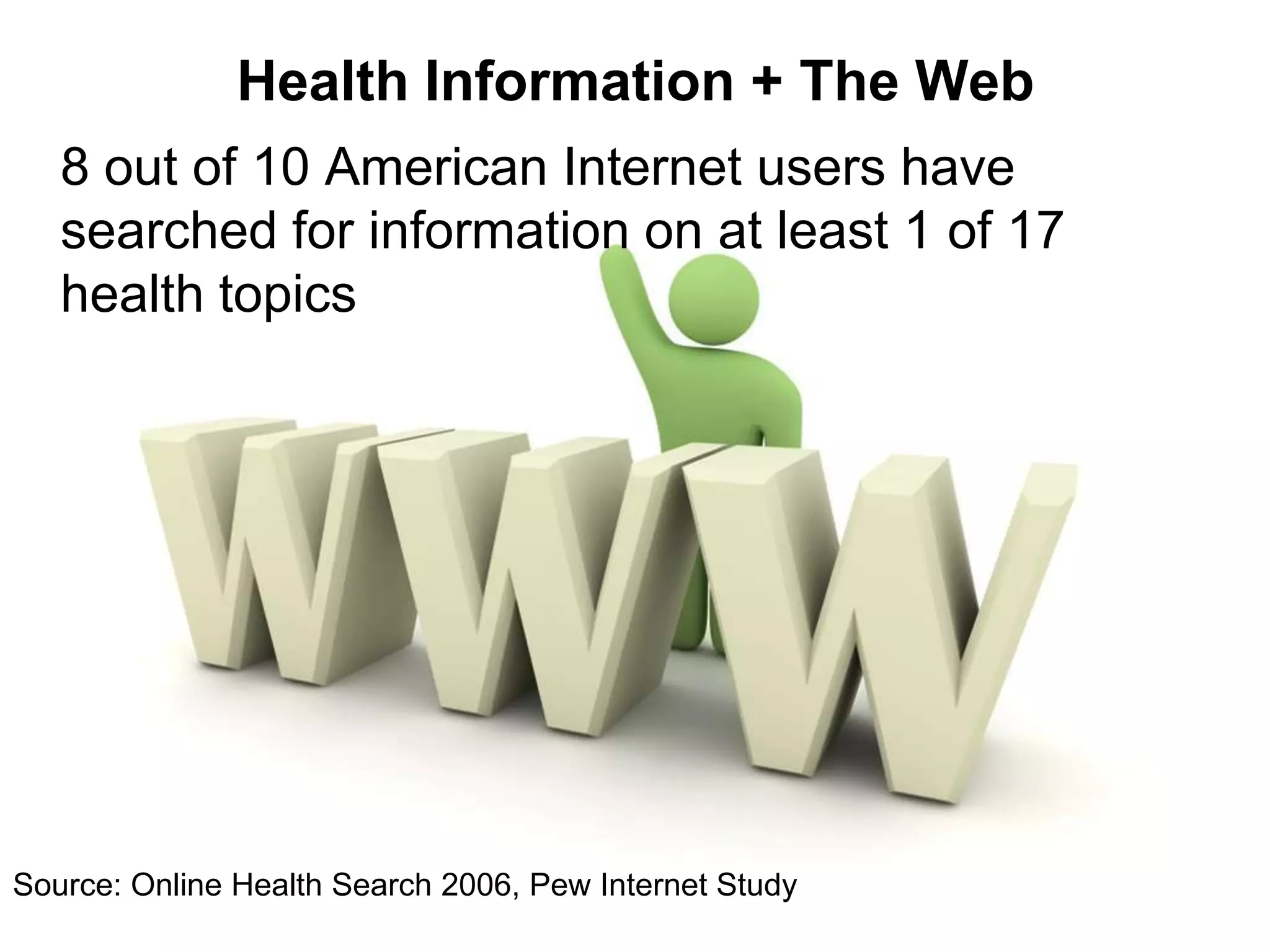 Health Information + The Web
   8 out of 10 American Internet users have
   searched for information on at least 1 of 17
   health topics




Source: Online Health Search 2006, Pew Internet Study
 