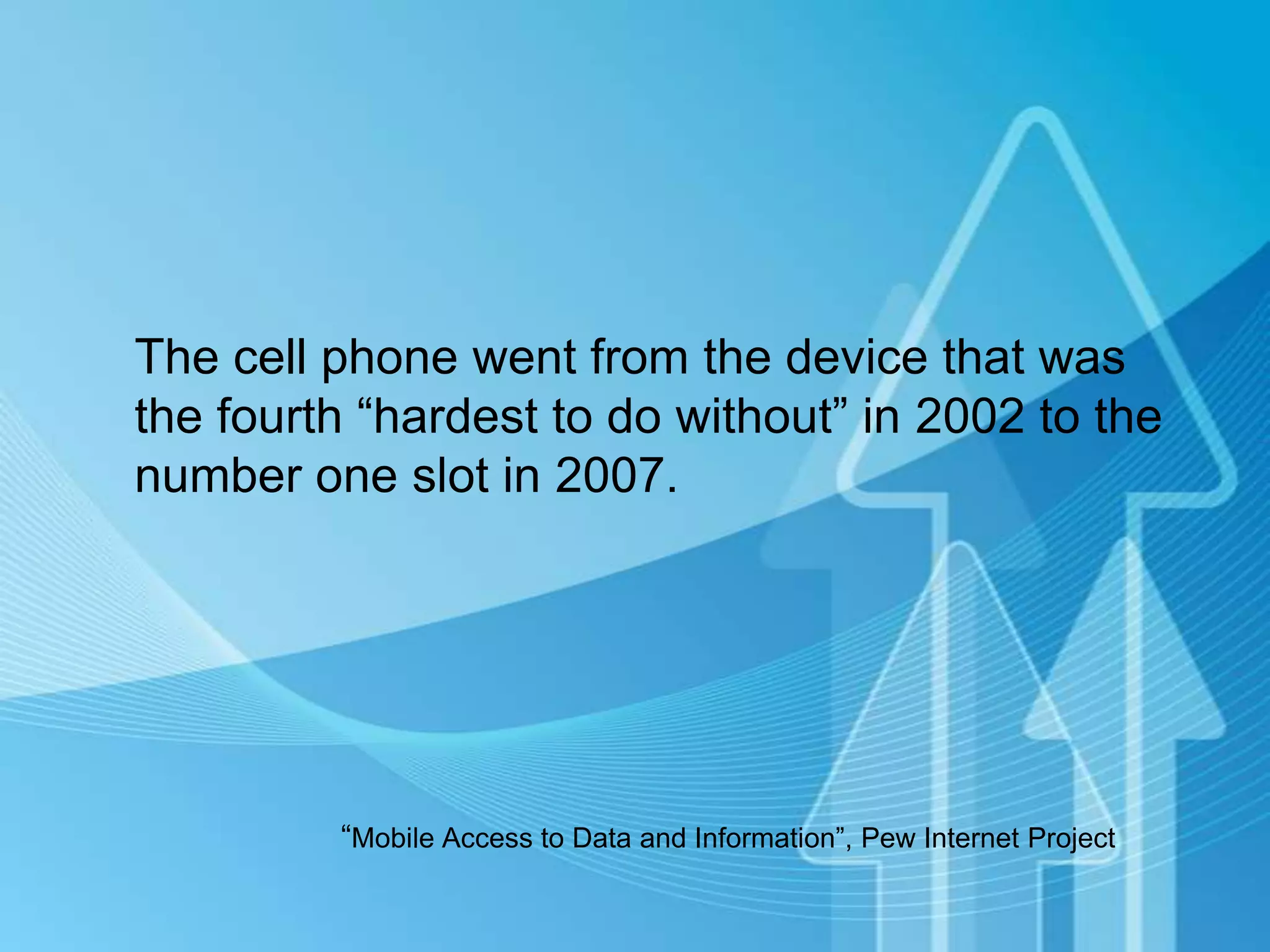 The cell phone went from the device that was
the fourth “hardest to do without” in 2002 to the
number one slot in 2007.




         “Mobile Access to Data and Information”, Pew Internet Project
 