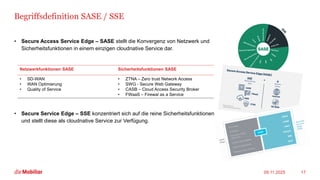 Begriffsdefinition SASE / SSE
09.11.2025 17
• Secure Access Service Edge – SASE stellt die Konvergenz von Netzwerk und
Sicherheitsfunktionen in einem einzigen cloudnative Service dar.
• Secure Service Edge – SSE konzentriert sich auf die reine Sicherheitsfunktionen
und stellt diese als cloudnative Service zur Verfügung.
Netzwerkfunktionen SASE Sicherheitsfunktionen SASE
• SD-WAN
• WAN Optimierung
• Quality of Service
• ZTNA – Zero trust Network Access
• SWG - Secure Web Gateway
• CASB – Cloud Access Security Broker
• FWaaS – Firewal as a Service
 