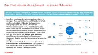 Zero Trust ist mehr als ein Konzept – es ist eine Philosophie
• Zero Trust bringt einen Paradigmenwechsel mit sich. In
einer Zero Trust Architektur wird auch Objekten innerhalb
des Perimeters kein inhärentes Vertrauen mehr
entgegengebracht. Ziel ist das Aufheben von
Vertrauensbeziehungen, die nur darauf basieren, dass
etwas "innen" ist. Das heisst sämtliche Subjekte, Assets
und Workflows gelten erstmals als nicht vertrauenswürdig
und müssen sich das Vertrauen erarbeiten ("implicit trust").
• Mit Zero Trust werden nur bedingt neue Konzepte
eingeführt, sondern vieles basiert auf bestehenden
Konzepten, die aber wesentlich konsequenter angewendet
werden.
• Zero Trust ist kein Produkt, sondern ein dynamisches
datenzentriertes Sicherheitsmodell. Der Zugriff lässt
sich dynamisch je nach Benutzeridentität, Standort,
Gerätetyp und anderen Faktoren anpassen.
09.11.2025 4
"Zero trust (ZT) provides a collection of concepts and ideas designed to minimize uncertainty in enforcing accurate, least privilege per-
request access decisions in information systems and services in the face of a network viewed as compromised." – NIST SP 800-207
https://hackernoon.com/zero-trust-architecture-an-introduction-sw1q37na
 