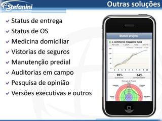 Outras soluções

Status de entrega
Status de OS
Medicina domiciliar
Vistorias de seguros
Manutenção predial
Auditorias em campo
Pesquisa de opinião
Versões executivas e outros
 