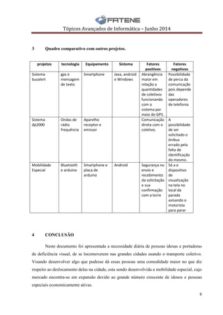 Tópicos Avançados de Informática – Junho 2014
6
3 Quadro comparativo com outros projetos.
projetos tecnologia Equipamento Sistema Fatores
positivos
Fatores
negativos
Sistema
busalert
gps e
mensagem
de texto
Smartphone Java, android
e Windows
Abrangência
maior em
relação a
quantidades
de coletivos
funcionando
com o
sistema por
meio do GPS.
Possibilidade
de perca da
comunicação
pois depende
das
operadores
de telefonia
Sistema
dp2000
Ondas de
rádio
frequência
Aparelho
receptor e
emissor
Comunicação
direta com o
coletivo.
A
possibilidade
de ser
solicitado o
ônibus
errado pela
falta de
identificação
do mesmo.
Mobilidade
Especial
Bluetooth
e arduino
Smartphone e
placa de
arduino
Android Segurança no
envio e
recebimento
da solicitação
e sua
confirmação
com a torre
Só a o
dispositivo
de
visualização
na tela no
local da
parada
avisando o
motorista
para parar
4 CONCLUSÃO
Neste documento foi apresentada a necessidade diária de pessoas idosas e portadoras
de deficiência visual, de se locomoverem nas grandes cidades usando o transporte coletivo.
Visando desenvolver algo que pudesse dá essas pessoas uma comodidade maior no que diz
respeito ao deslocamento delas na cidade, esta sendo desenvolvida a mobilidade especial, cujo
mercado encontra-se em expansão devido ao grande número crescente de idosos e pessoas
especiais economicamente ativas.
 