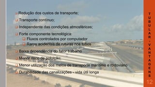 

Redução dos custos de transporte;



Transporte contínuo;



Independente das condições atmosféricas;



Forte componente tecnológica:
 Fluxos controlados por computador
 Raros acidentes de ruturas nos tubos



Baixa dependência do fator trabalho



Menor risco de poluição;



Menor utilização dos meios de transporte marítimo e rodoviário



Durabilidade das canalizações - vida útil longa

T
U
B
U
L
A
R
V
A
N
T
A
G
E
N
S

12

 