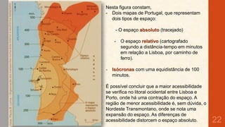 Nesta figura constam,
- Dois mapas de Portugal, que representam
dois tipos de espaço:

- O espaço absoluto (tracejado)
-

-

O espaço relativo (cartografado
segundo a distância-tempo em minutos
em relação a Lisboa, por caminho de
ferro).

Isócronas com uma equidistância de 100
minutos.

É possível concluir que a maior acessibilidade
se verifica no litoral ocidental entre Lisboa e
Porto, onde há uma contração do espaço. A
região de menor acessibilidade é, sem dúvida, o
Nordeste Transmontano, onde se nota uma
expansão do espaço. As diferenças de
acessibilidade distorcem o espaço absoluto.

22

 