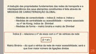 A tradução das propriedades fundamentais das redes de transporte e a
interdependência dos seus elementos constituintes é feita através de
MEDIDAS DE CARACTERIZAÇÃO GLOBAL:
- Medidas de conectividade – índice β; índice α; índice γ
- Medidas de centralidade ou acessibilidade – número associado
ou nº de Konig; índice de Shimbel
- Medidas de forma – matriz binária e matriz de Shimbel
Índice β – relaciona o nº de eixos com o nº de vértices da rede
β = e/v
Matriz Binária – diz qual o vértice da rede de maior acessibilidade; será o
que tiver maior número de ligações diretas

28

 