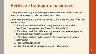 Redes de transporte nacionais


Conjunto de vias que se interligam formando uma malha mais ou
menos densa e por onde circulam transportes.



Existem, em Portugal, diversas redes a diferentes escalas. À escala
nacional há a:
 Rede Nacional Rodoviária – conjunto de auto-estradas,
itinerários principais e itinerários complementares
 Rede Nacional Ferroviária – conjunto de vias férreas, quer as
de via larga quer as de via estreita
 Rede Nacional de Portos – conjunto de portos principais e
secundários
 Rede Aérea Nacional
 Rede Nacional de transporte de GN (gás natural)

31

 