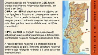 Desde a adesão de Portugal à ex-CEE, foram
criados dois Planos Rodoviários Nacionais, em
1985 e em 2000.
O PRN de 1985 foi elaborado com o objetivo de
criar ligações a Espanha e, consequentemente à
Europa. Com a perda do império ultramarino e a
viragem para o continente europeu, impunha-se ao
país obter ganhos de acessibilidade ao território
comunitário.

R
E
D
E

IC

IP

O PRN de 2000 foi traçado com o objetivo de
solucionar alguns estrangulamentos e deficiências
identificadas no plano rodoviário nacional de 1985.
A rede rodoviária nacional é o principal meio de
comunicação do país. Tem uma cobertura nacional
embora seja reforçada no litoral e à volta das áreas
metropolitanas.

Fonte:
PRN 2000

R
O
D
O
V
I
Á
R
I
A

N
A
C
I
O
N
A
L

32

 