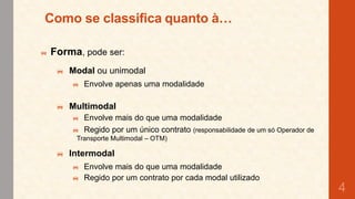 

Forma, pode ser:
 Modal ou unimodal
 Envolve apenas uma modalidade

 Multimodal
 Envolve mais do que uma modalidade
 Regido por um único contrato (responsabilidade de um só Operador de
Transporte Multimodal – OTM)

 Intermodal
 Envolve mais do que uma modalidade
 Regido por um contrato por cada modal utilizado

4

 
