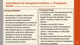 Importância do transporte marítimo vs Transporte
fluvial – Estatísticas dos Transportes e Comunicações 2012, INE (texto adaptado)
Transporte Marítimo
Os portos de Leixões, Lisboa e Sines
concentraram 71,4% do movimento
portuário de Portugal Continental
 Os navios de passageiros e os navios de
cruzeiro representaram 9,6% e 6,0%, do
movimento nos portos nacionais.
 Não obstante este ser um segmento em
crescimento, predominou claramente a
operação de navios de mercadorias,
repartida por navios de carga geral
(32,2%), navios de contentores (27,9%) e
de granéis líquidos (18,0%).


Transporte Fluvial
 A travessia do Rio Tejo representou 87,9%
do movimento … salientando-se as
ligações fluviais mais utilizadas: Cais do
Sodré – Cacilhas e Terreiro do Paço Barreiro.
 Durante o ano de 2012, houve
decréscimos no número de passageiros,
mais acentuados na Ria de Aveiro (S.
Jacinto – Forte da Barra e no Rio Sado
(Setúbal – Troia).
 As travessias de Ria Formosa, Rio Sado,
Rio Minho e Rio Guadiana concentram
mais de metade do número de passageiros
entre junho e setembro.

50

 