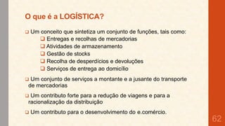 O que é a LOGÍSTICA?


Um conceito que sintetiza um conjunto de funções, tais como:
 Entregas e recolhas de mercadorias
 Atividades de armazenamento
 Gestão de stocks
 Recolha de desperdícios e devoluções
 Serviços de entrega ao domicílio



Um conjunto de serviços a montante e a jusante do transporte
de mercadorias



Um contributo forte para a redução de viagens e para a
racionalização da distribuição



Um contributo para o desenvolvimento do e.comércio.

62

 
