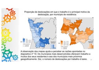 A observação dos mapas ajuda a perceber as razões apontadas no
diapositivo nº 10. Os municípios mais desenvolvidos oferecem trabalho a
muitos dos seus residentes e aos dos municípios mais próximos
geograficamente. Daí, o número de deslocações por trabalho é baixo.
Proporção de deslocações em que o trabalho é o principal motivo da
deslocação, por município de residência
11
 