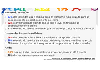 No caso do automóvel:
o 57% dos inquiridos usa-o como o meio de transporte mais utilizado para as
deslocações até ao estabelecimento de ensino
o 62% é o valor apurado quando são os pais a levar os filhos até ao
estabelecimento de ensino
o 33% é o valor do uso de automóvel quando são os próprios inquiridos a estudar
No caso dos transportes públicos:
o 34% das pessoas substitui o automóvel pelos transportes públicos
o 29% é o valor do uso dos transportes públicos quando se têm filhos na escola
o 58% usam transportes públicos quando são os próprios inquiridos a estudar
Ainda:
o 0,4% dos inquiridos usam bicicletas ou scooter no percurso até à escola
o 16% dos portugueses optam por irem a pé.
Extraído de “O Observador Cetelem Regresso às Aulas 2017
https://automais.autosport.pt/noticias/os-transportes-preferidos-dos-portugueses-levarem-os-filhos-escola/21
 