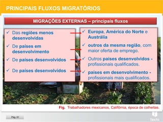 Fig. Trabalhadores mexicanos, Califórnia, época de colheitas.
PRINCIPAIS FLUXOS MIGRATÓRIOS
 Das regiões menos
desenvolvidas
 De países em
desenvolvimento
 De países desenvolvidos
 De países desenvolvidos
MIGRAÇÕES EXTERNAS – principais fluxos
Pág. 61
 Europa, América do Norte e
Austrália
 outros da mesma região, com
maior oferta de emprego.
 Outros países desenvolvidos -
profissionais qualificados.
 países em desenvolvimento -
profissionais mais qualificados.
 