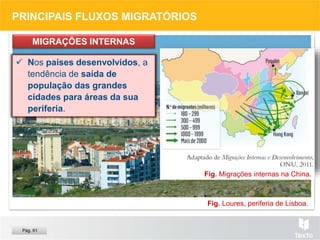 Fig. Trabalhadores fabris provenientes de áreas rurais, Pequim (China).
Fig. Loures, periferia de Lisboa.
PRINCIPAIS FLUXOS MIGRATÓRIOS
 Nos países em
desenvolvimento, o êxodo
rural, motivado pela
industrialização e pela pobreza
rural.
MIGRAÇÕES INTERNAS
Pág. 61
Fig. Migrações internas na China.
 Nos países desenvolvidos, a
tendência de saída de
população das grandes
cidades para áreas da sua
periferia.
 