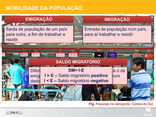 Fig. Pessoas no aeroporto, Coreia do Sul.
MOBILIDADE DA POPULAÇÃO
Diferença entre o número de imigrantes (I) e o de
emigrantes (E), num certo país ou região, num
dado período, geralmente um ano.
EMIGRAÇÃO IMIGRAÇÃO
SALDO MIGRATÓRIO
Entrada de população num país,
para aí trabalhar e residir.
Saída de população de um país
para outro, a fim de trabalhar e
residir.
SM= I-E
I > E – Saldo migratório positivo
I < E – Saldo migratório negativo
Pág. 51
 