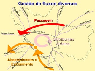 Gestão de fluxos diversos Marginal Tietê Estado Fernão Dias Ayrton Senna Dutra Bandeirantes Anhanguera Castelo Branco Régis Bitencourt Anchieta Salim F. Maluf Passagem Abastecimento e Escoamento Distribuição Urbana Bandeirantes Raposo Tavares Imigrantes Marginal Pinheiros 