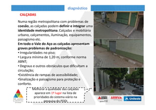 CALÇADAS
diagnóstico
Numa região metropolitana com problemas de coesão, as calçadas podem definir e
integrar uma identidade metropolitana, através de:
• calçadas
• mobiliário urbano
• calçamentos
• iluminação
• equipamentos
• paisagismo
Irregularidade em Ipatinga
Calçada estreita em S. do Paraíso
• Irregularidades no piso
• Largura mínima de 1,20 m, conforme norma ABNT;
• Degraus e outros obstáculos que dificultam a circulação;
•Existência de rampas de acessibilidade;
•Sinalização e paisagismo para proteção e conforto.
Em todo o Vale do Aço as calçadas apresentam graves
problemas de padronização, são eles:
 