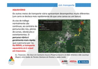 • Os outros meios de transporte viário apresentam desempenhos muito diferentes
(um carro se desloca mais rapidamente do que uma canoa ou um barco).
• As vias de tráfego
normalmente são contínuas,
ao contrário do percurso dos
rios, plenos de curvas,
obstáculos e estreitamentos.
O percurso viário é
geralmente mais rápido que o
percurso por rio.
Ex.: Travessias : Rio Doce em Cachoeira Escura (Perpétuo Socorro em Belo
Oriente) a São Lourenço (Bugre), entre Ipaba do Paraíso (Santana do
Paraíso) e Ipaba (sede).
• Na RMVA, o transporte
aquaviário só é viável em
travessias.
AQUAVIÁRIO
sist. transporte
Transporte aquaviário: comparativo do trajeto de carros e canoas
 