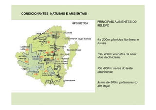 PRINCIPAIS AMBIENTES DO
RELEVO
0 a 200m: planícies litorâneas e
fluviais
200- 400m: encostas da serra;
altas declividades:
400 -800m: serras do leste
catarinense
Acima de 800m: patamares do
Alto Itajaí
CONDICIONANTES NATURAIS E AMBIENTAIS
 
